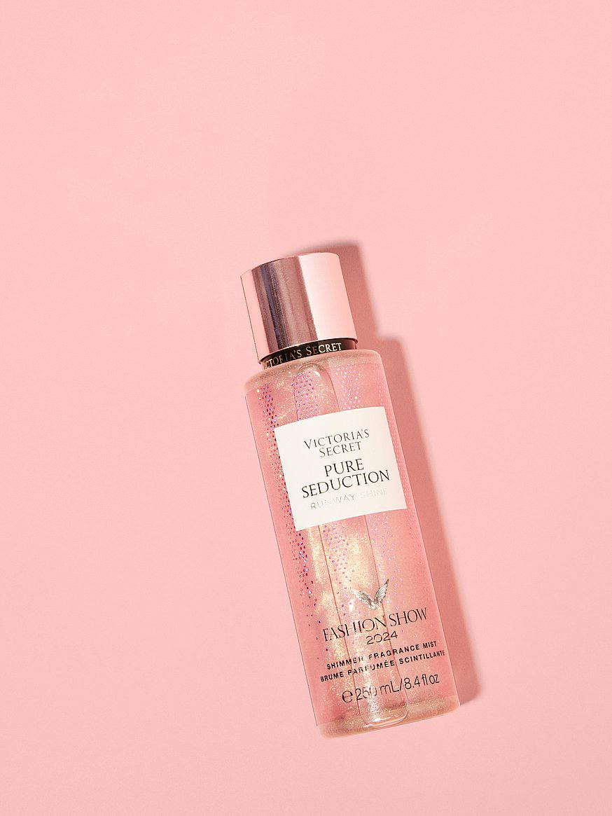 بادی میست Pure Seduction Runway Shine ویکتوریا سکرت، نمای برچسب و رنگ مایع اکلیلی
