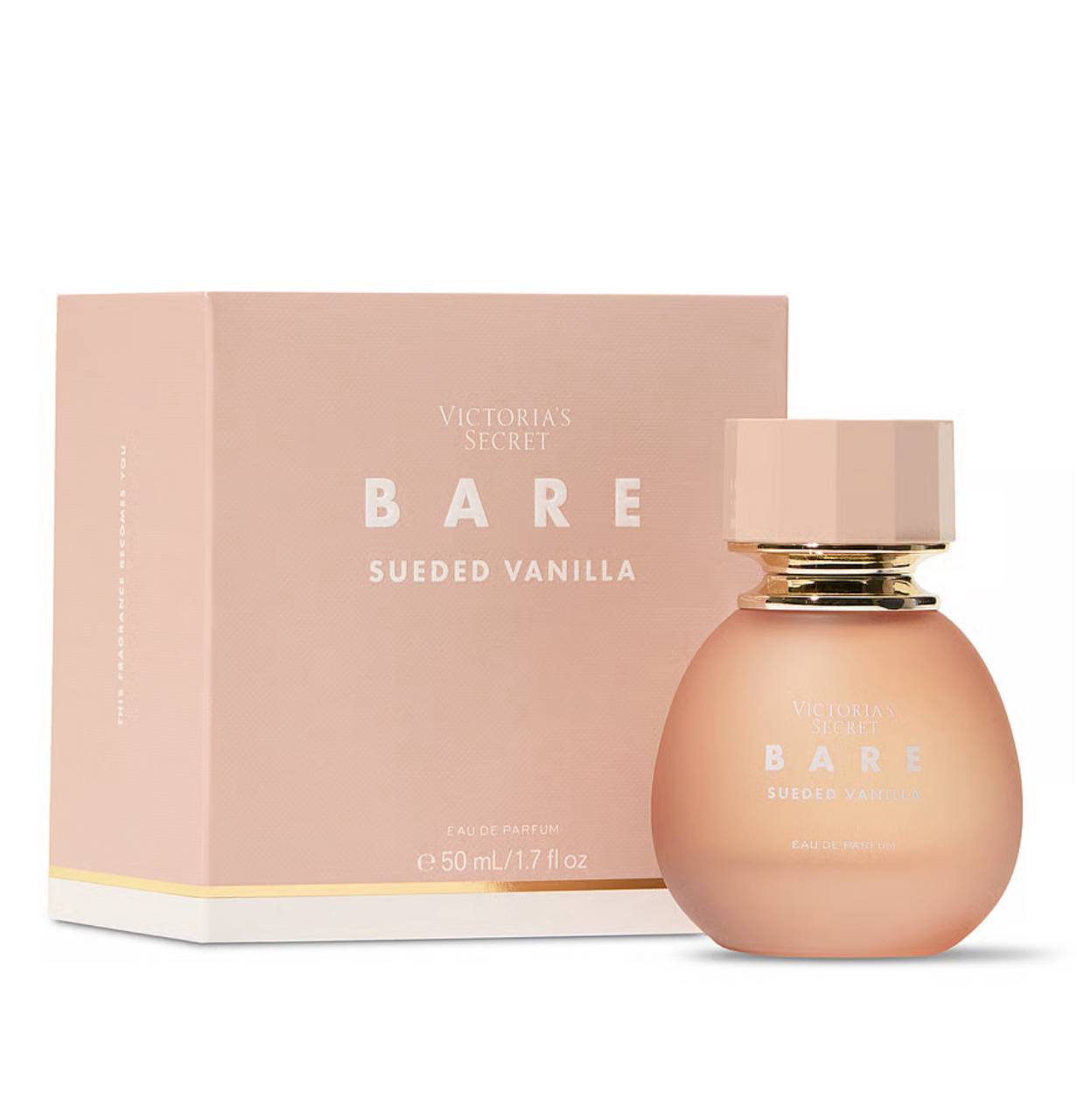 پرفیوم Bare sueded vanilla ویکتوریا سکرت در کنار جعبه‌ی اصلی برند