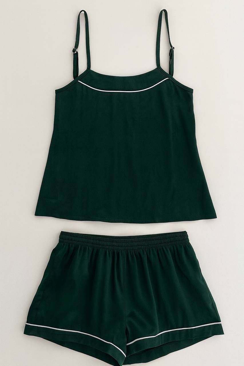 تاپ و شلوارک ساتن سبز یشمی